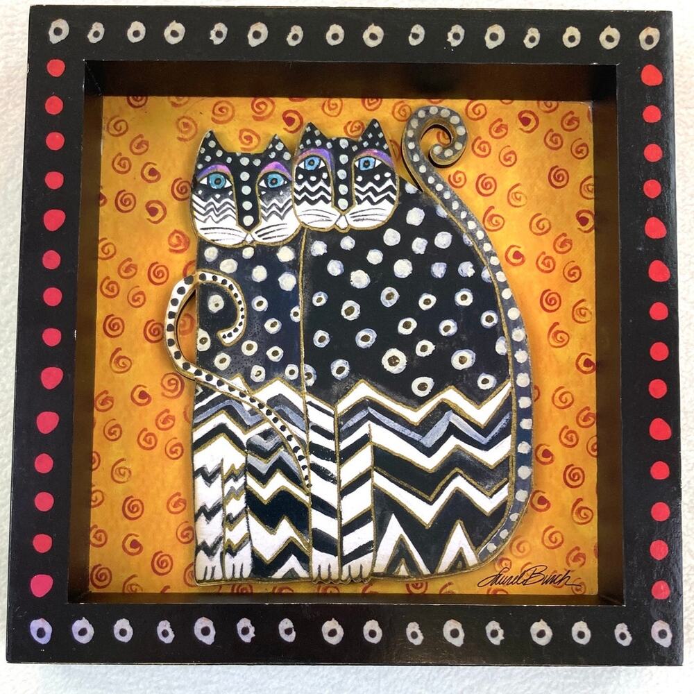 Laurel Burch Zig Zag Cat Wall Art Wooden Frame  8x8x1